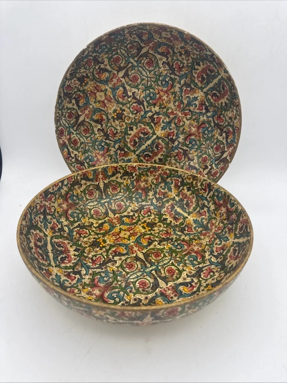 2 VTG MCM Viking Paper Mache Bowl Import Japan  Floral Pattern 9”